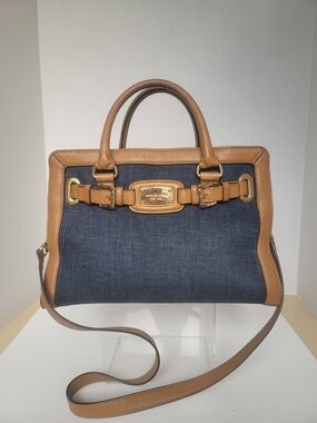 Michael Kors Hamilton Tan Pebbled Leather Navy Blue Canvas Belted Satchel Tote